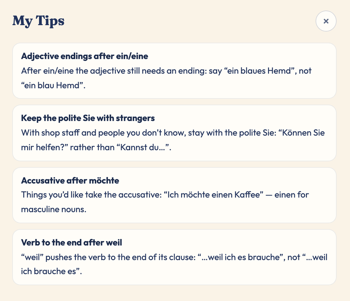 A My Tips panel listing the learner’s recurring patterns and how to fix them